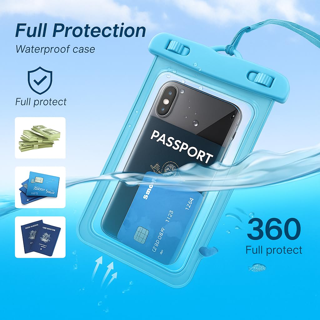 PulGos 1 Pc Waterproof Phone Cover Pouch with Lanyard – IPX8 Certified Dry Bag Case for iPhone & Android, 100% Waterproof, Touchscreen Friendly for Swimming, Beach Outings & Outdoor Adventures (Blue)