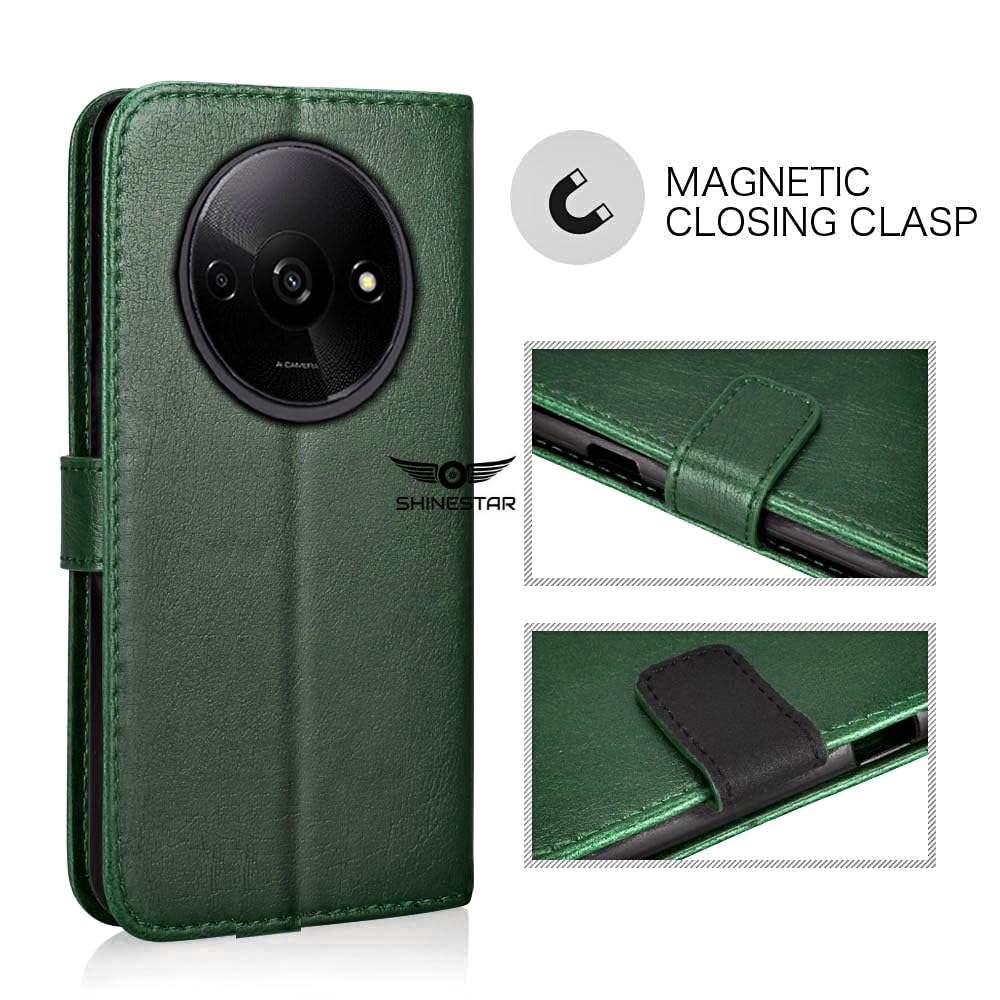 SHINESTAR Redmi A3 (2024) / Redmi A3x / Poco C61 Flip Back Cover | PU Leather Flip Cover Wallet Case with TPU Silicone Case Back Cover for Redmi A3 (2024) / Redmi A3x / Poco C61 - Unique Green