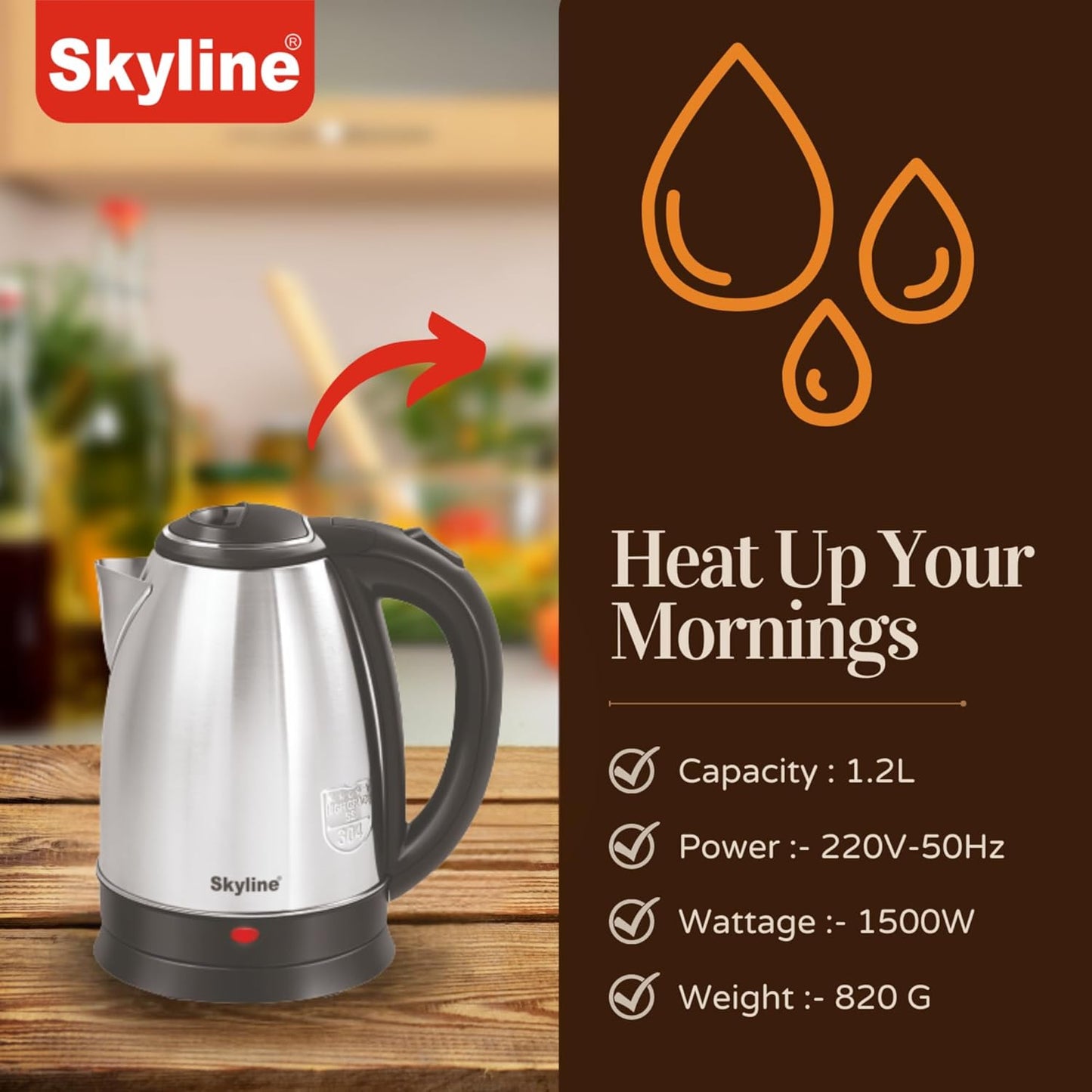 Skyline 1.2L Electric Kettle, 1500W Rapid Heating, Silver - Black, Stainless Steel, Automatic Cut-off