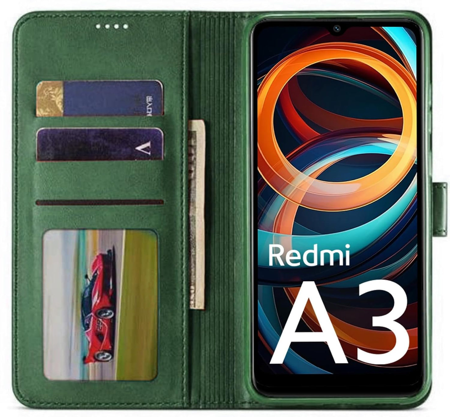 SHINESTAR Redmi A3 (2024) / Redmi A3x / Poco C61 Flip Back Cover | PU Leather Flip Cover Wallet Case with TPU Silicone Case Back Cover for Redmi A3 (2024) / Redmi A3x / Poco C61 - Unique Green