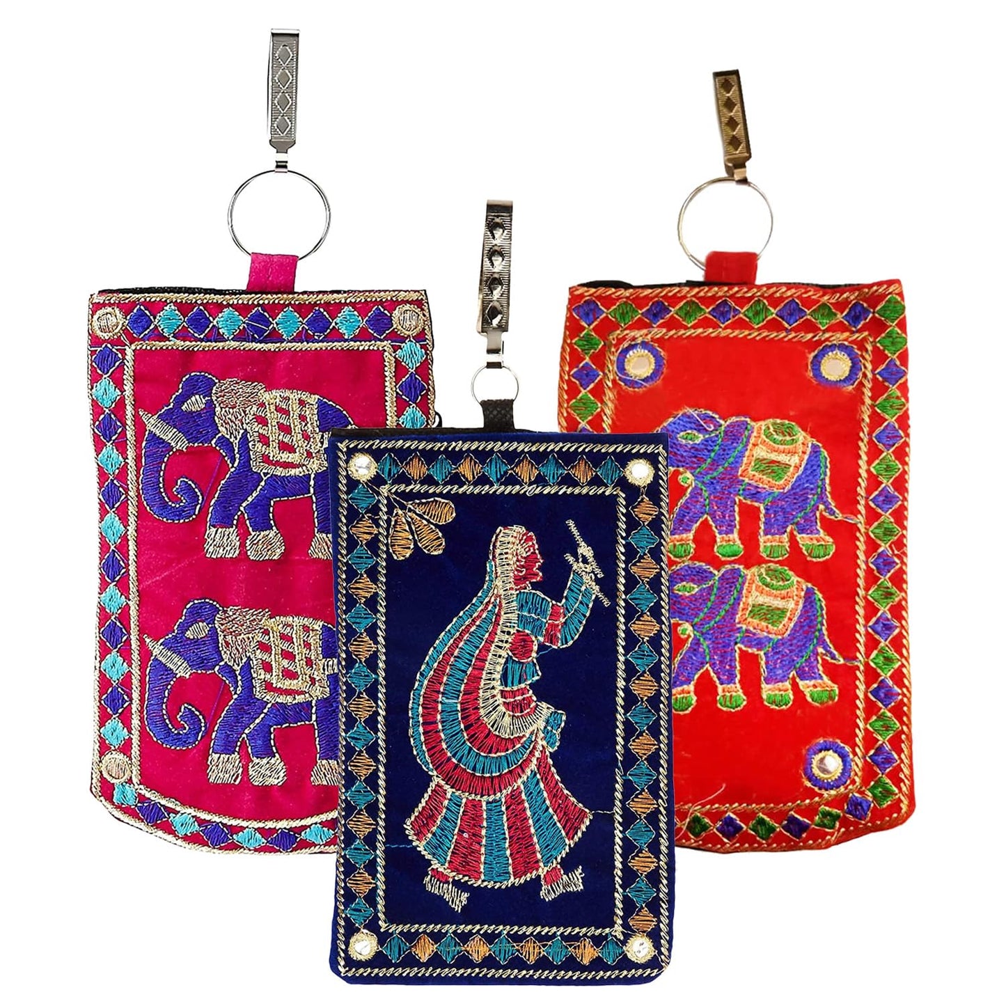Kuber Industries Mobile Cover | Mobile Cover with Saree Hook | Mobile Bag Pouch for Woman | Wedding Mobile Cover | Embroided Velvet Mobile Cover | Pack of 2 | Assorted