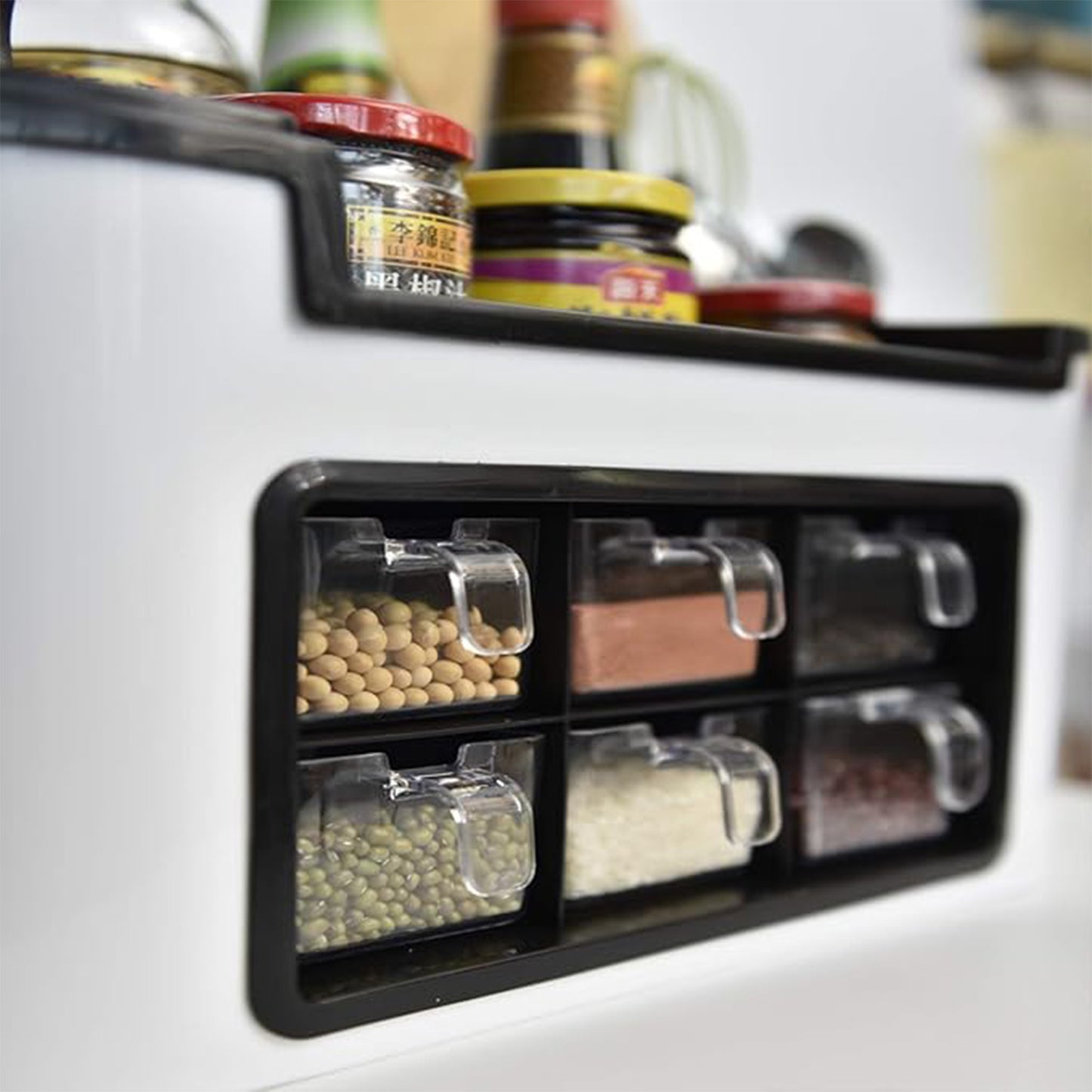 Multifunctional Kitchen Storage Organizer Rack With 6 Spice Containers Knife Spoon Holder And Top Shelf