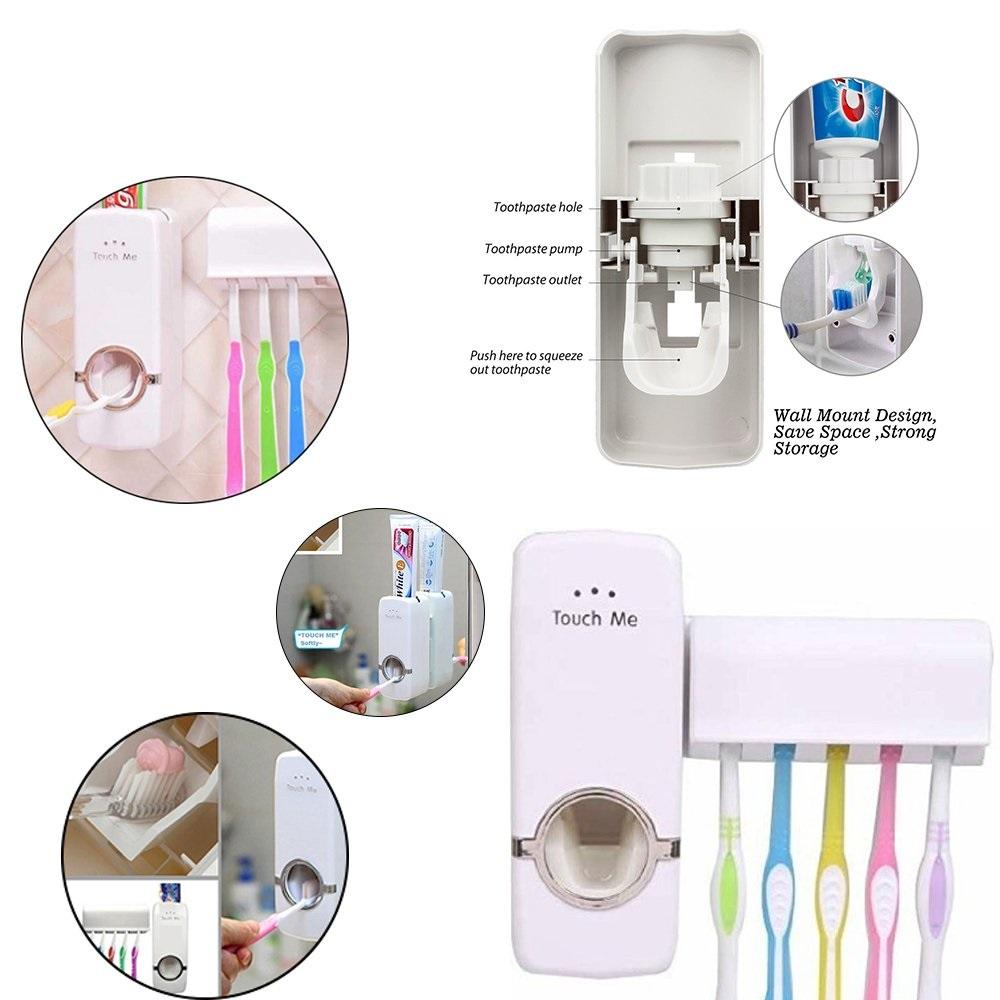 The Wukusy 174 Toothpaste Dispenser Tooth Brush Holder mounts on your wall, holds four toothbrushes, and dispenses toothpaste with a press. Insets show the dispenser’s features, inner workings, and examples of use.