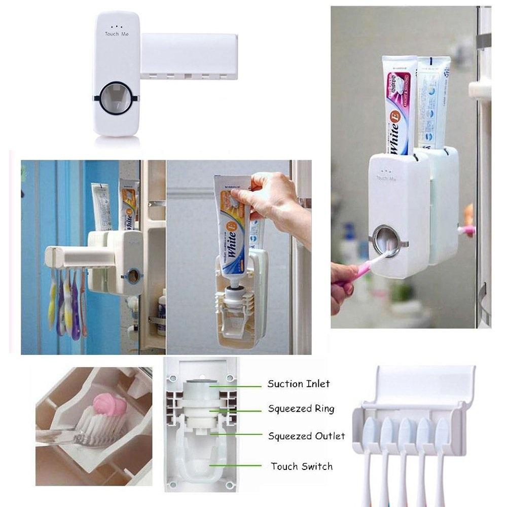 Collage featuring the Wukusy 174 Toothpaste Dispenser Tooth Brush Holder, a wall-mounted white device easily dispensing toothpaste onto a brush, with labeled diagrams and a built-in holder storing toothbrushes below.