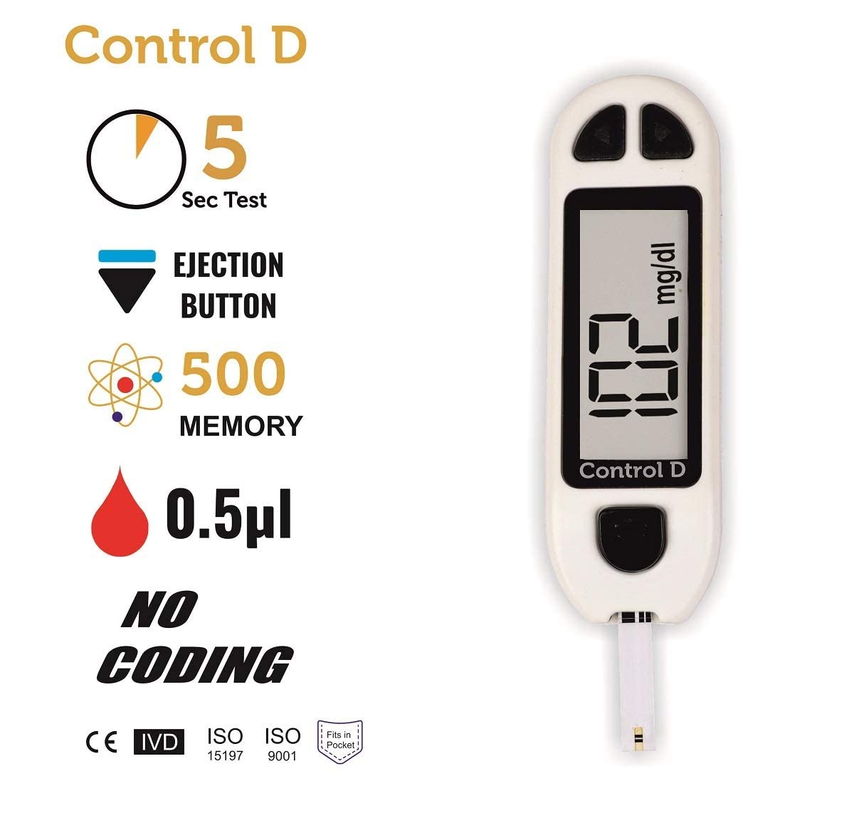 Control D Blood Glucose Sugar Testing Monitor with 10 Strips | Glucometer (White)