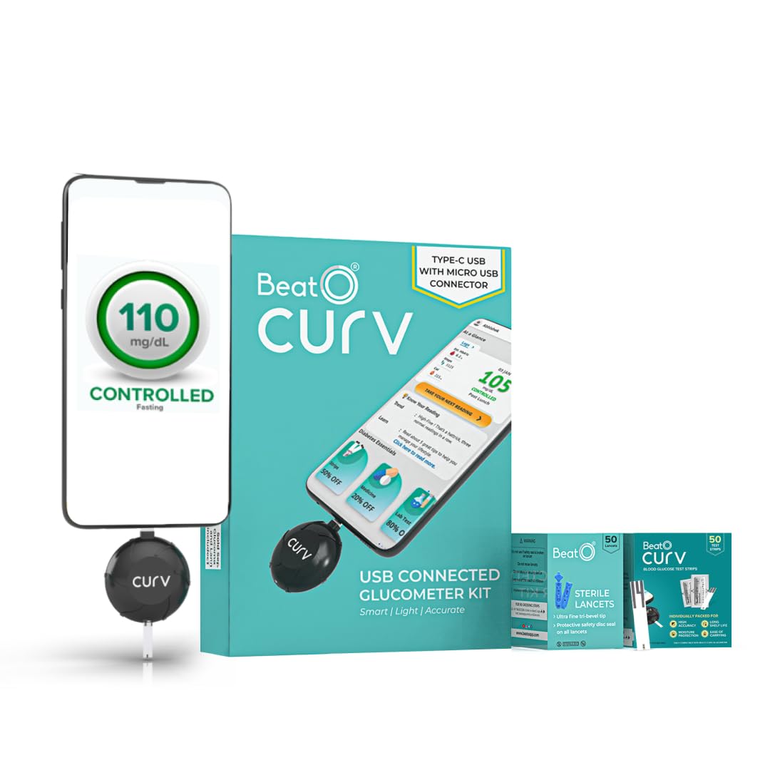 BeatO CURV Sugar Test Machine | FREE 50 Strips & 50 Lancets (Type-C USB Connector) | testing of Blood sugar levels at home |Smartphone Connected Glucometer Machine | Android only, ISO Certified, White
