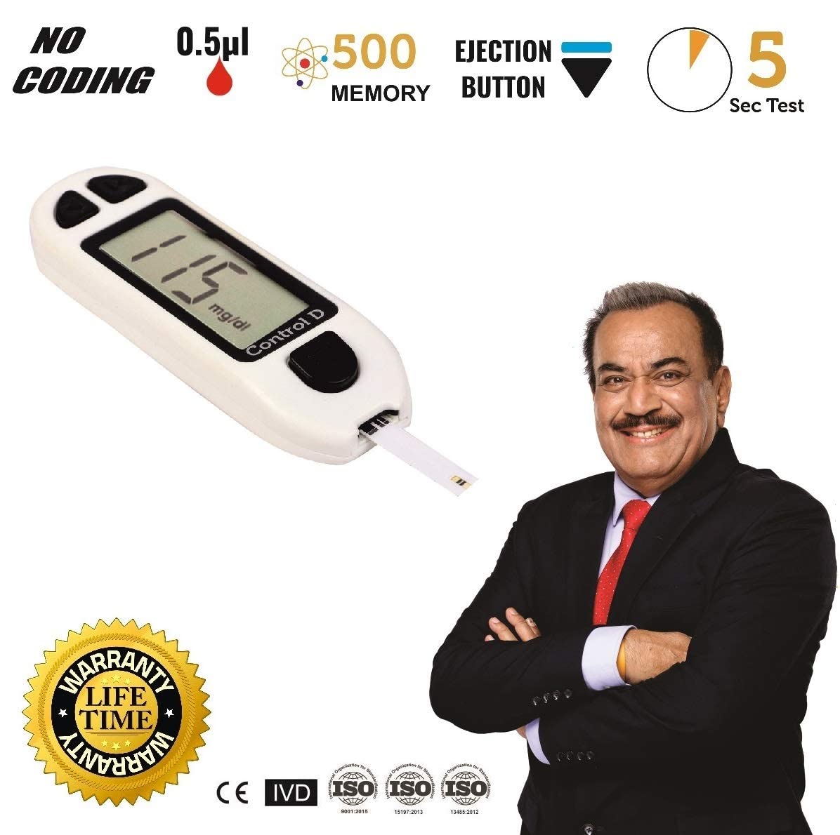Control D Blood Glucose Sugar Testing Monitor with 10 Strips | Glucometer (White)