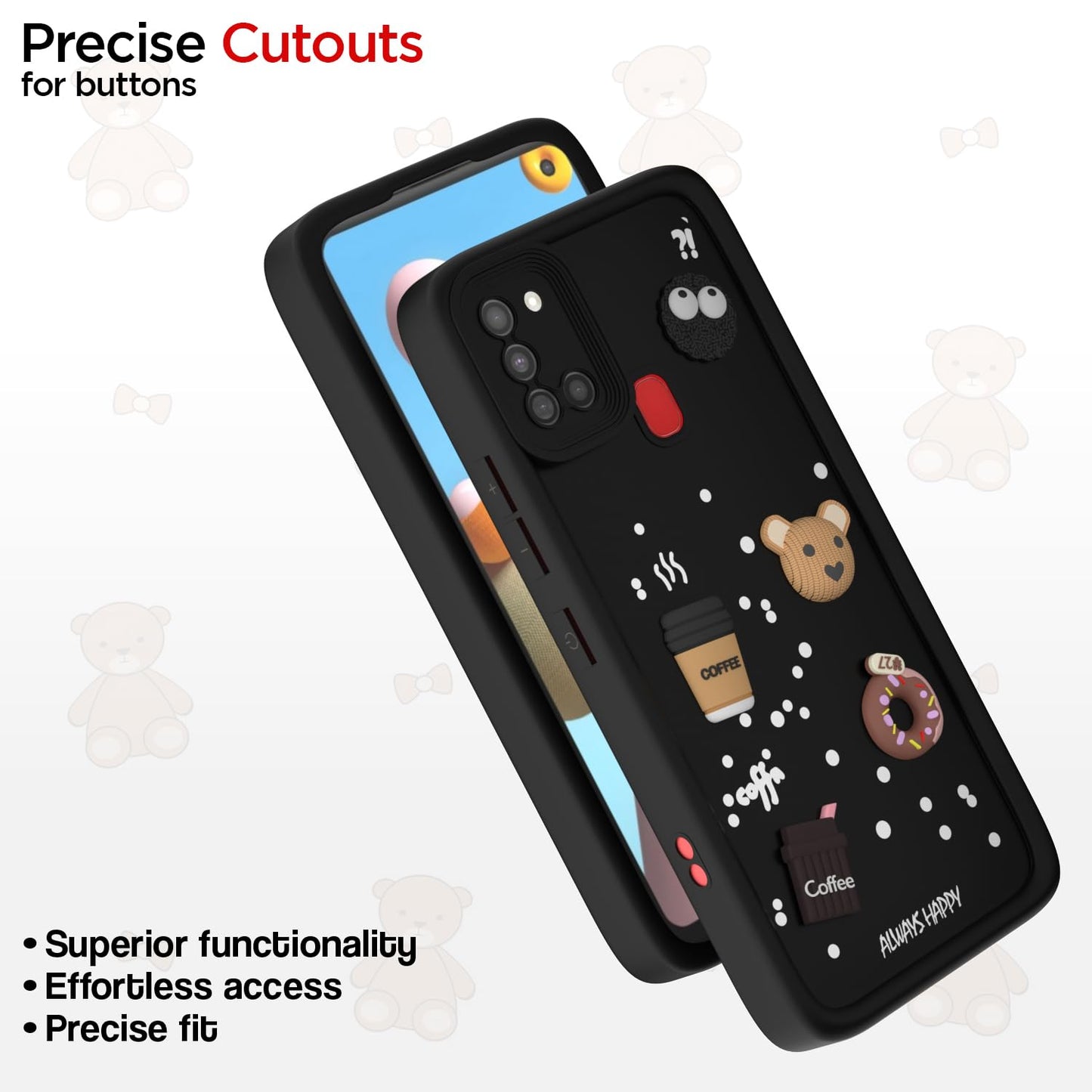 Amazon Basics Back Cover for Samsung Galaxy A21s | Cute Fun Cartoon 3D Bear Silicone Full Body Protection Bumper Cover (Black)