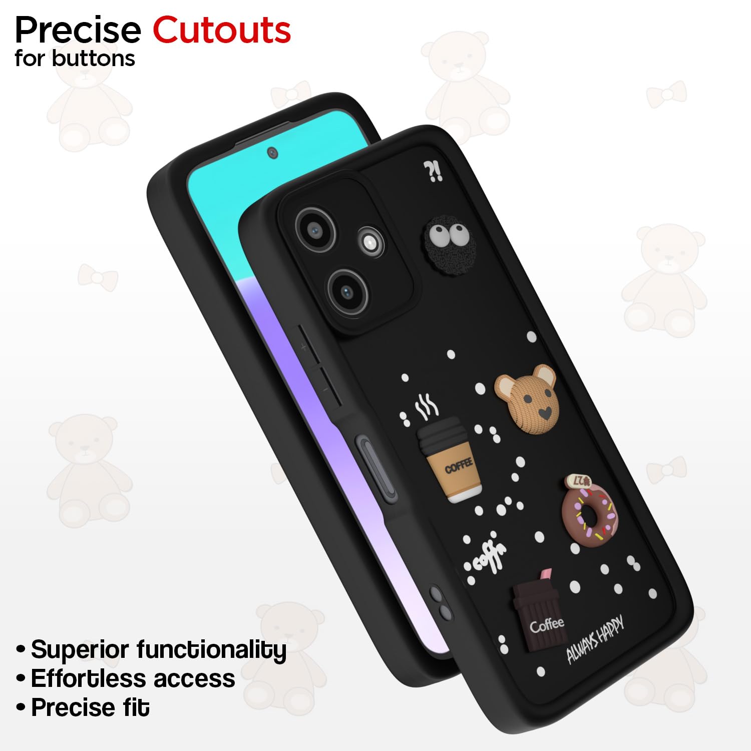 Amazon Basics Back Cover for Redmi 12 5G / Poco M6 Pro 5G | Cute Fun Cartoon 3D Bear Silicone Full Body Protection Bumper Cover (Black)