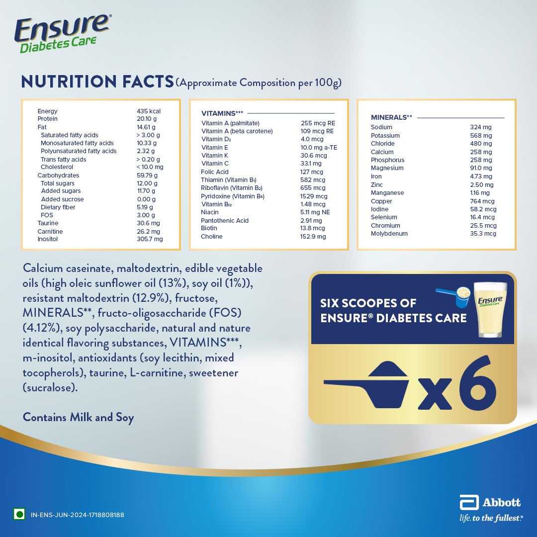 Ensure Diabetes Care Vanilla 375g Powder with High Fiber, Protein & 36 Nutrients | Helps Manage Blood Sugar Levels in 4 weeks