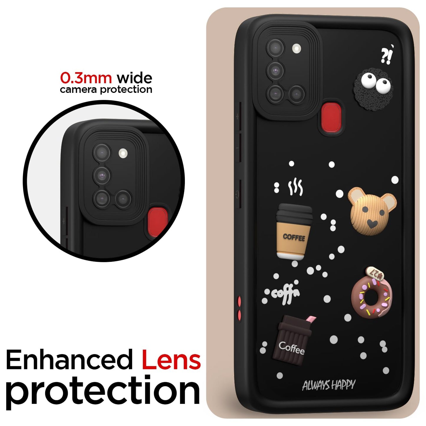 Amazon Basics Back Cover for Samsung Galaxy A21s | Cute Fun Cartoon 3D Bear Silicone Full Body Protection Bumper Cover (Black)