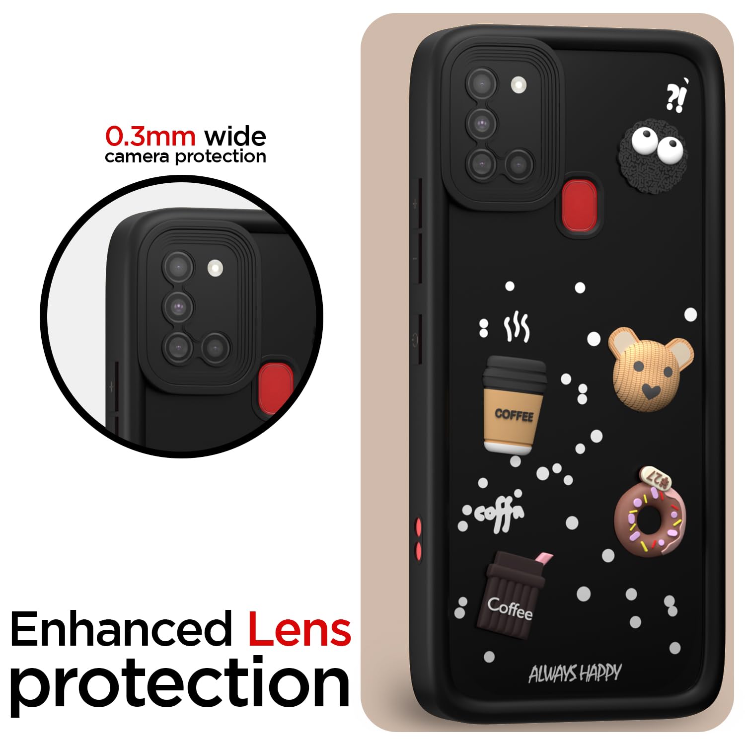 Amazon Basics Back Cover for Samsung Galaxy A21s | Cute Fun Cartoon 3D Bear Silicone Full Body Protection Bumper Cover (Black)