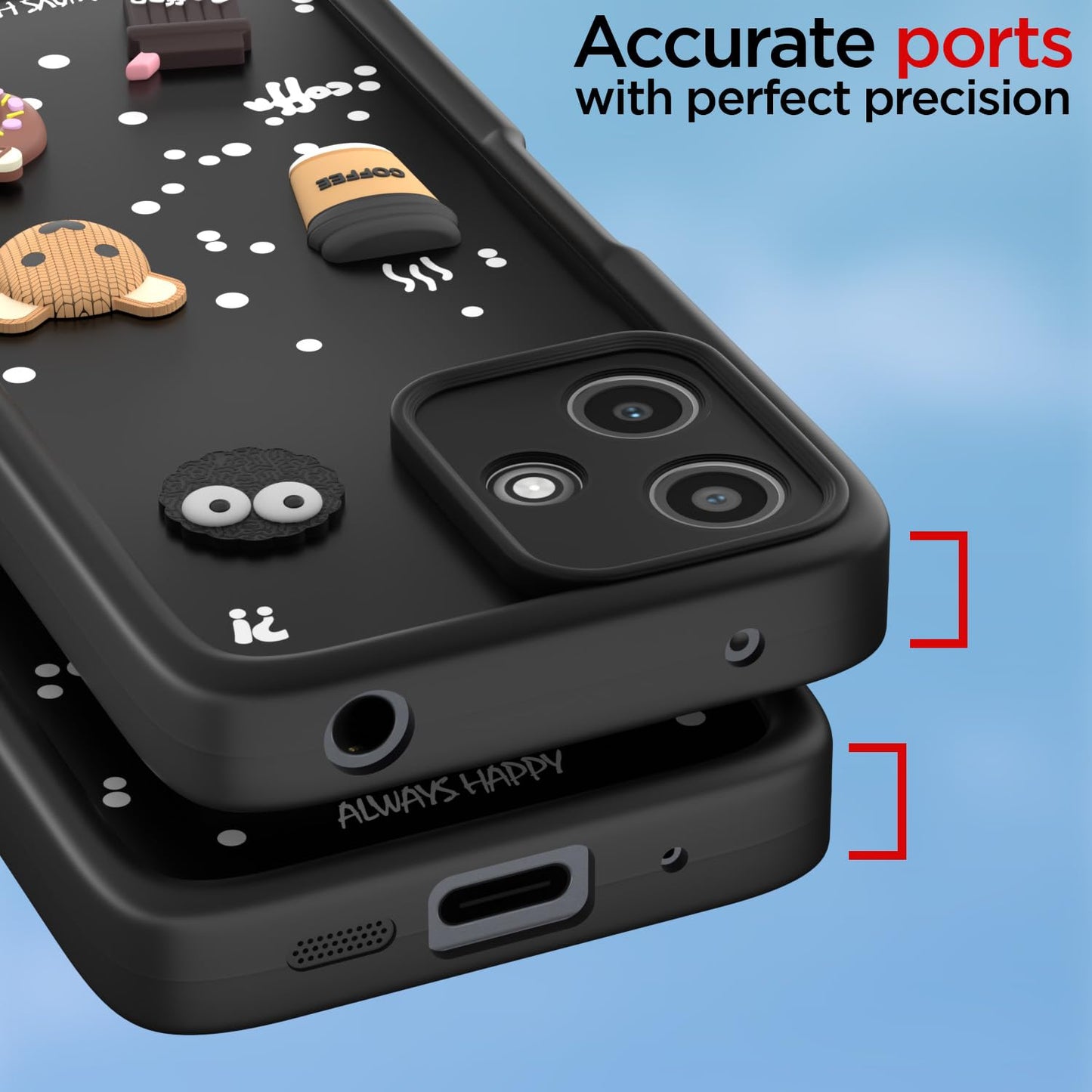 Amazon Basics Back Cover for Redmi 12 5G / Poco M6 Pro 5G | Cute Fun Cartoon 3D Bear Silicone Full Body Protection Bumper Cover (Black)