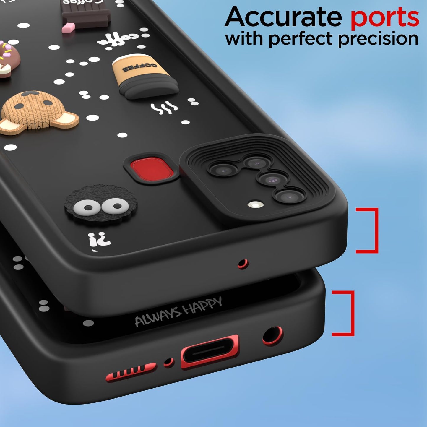 Amazon Basics Back Cover for Samsung Galaxy A21s | Cute Fun Cartoon 3D Bear Silicone Full Body Protection Bumper Cover (Black)
