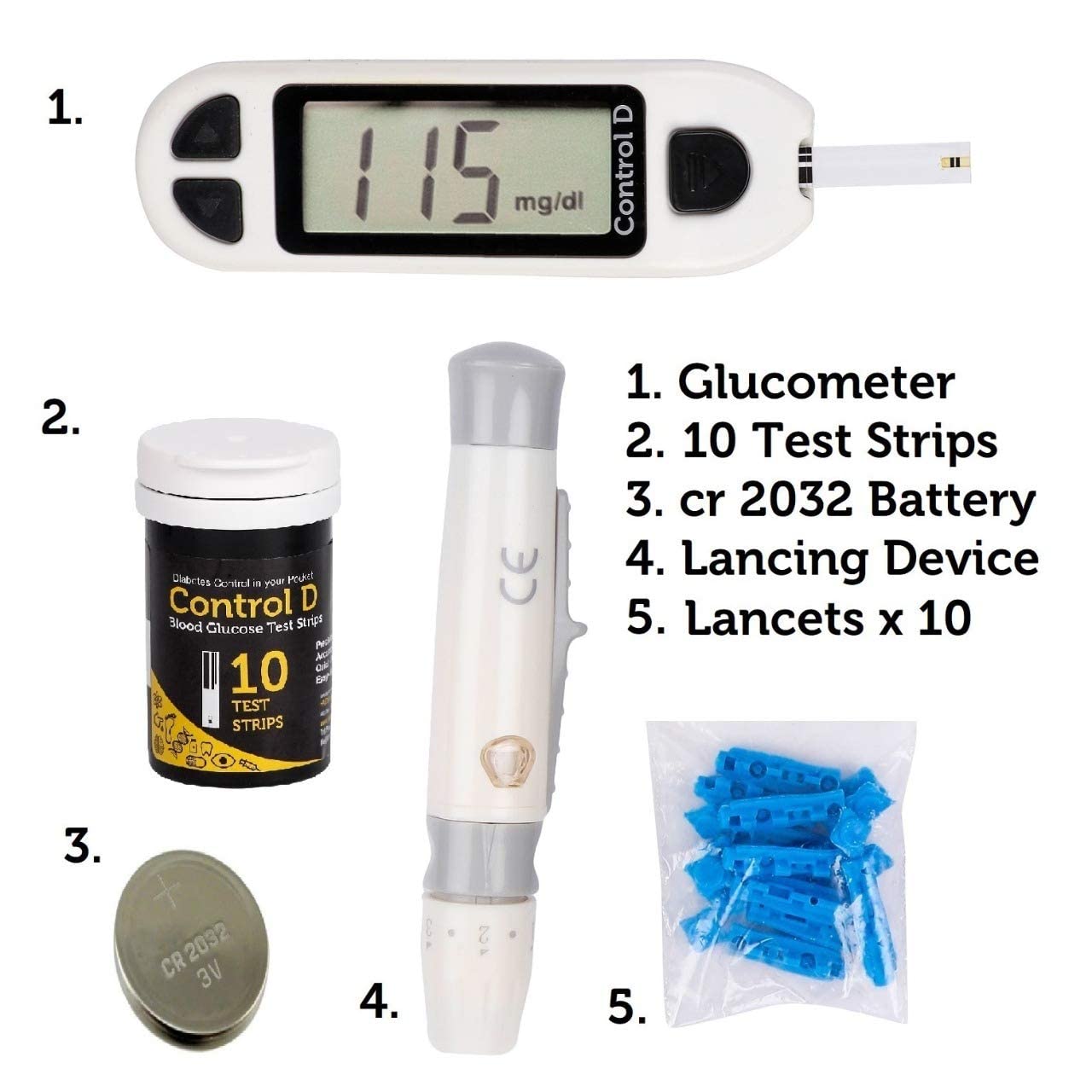 Control D Blood Glucose Sugar Testing Monitor with 10 Strips | Glucometer (White)