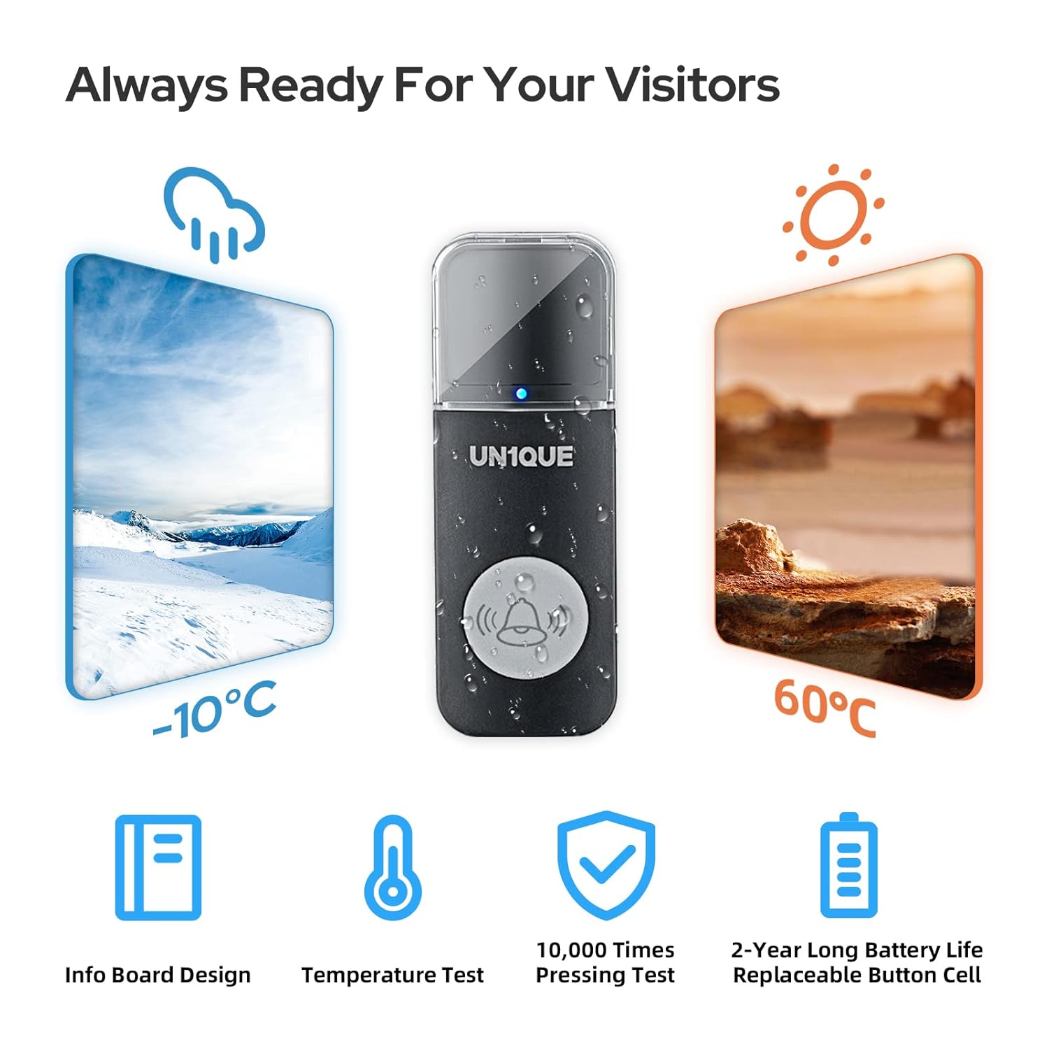 UN1QUE Wireless Door Bell for Home - Small Calling Bell for Office, 1000ft Long Range with 36 Chimes, 100dB Louder Volume, 4 Level Volume, LED Light, Info Board Design, IP44 Waterproof
