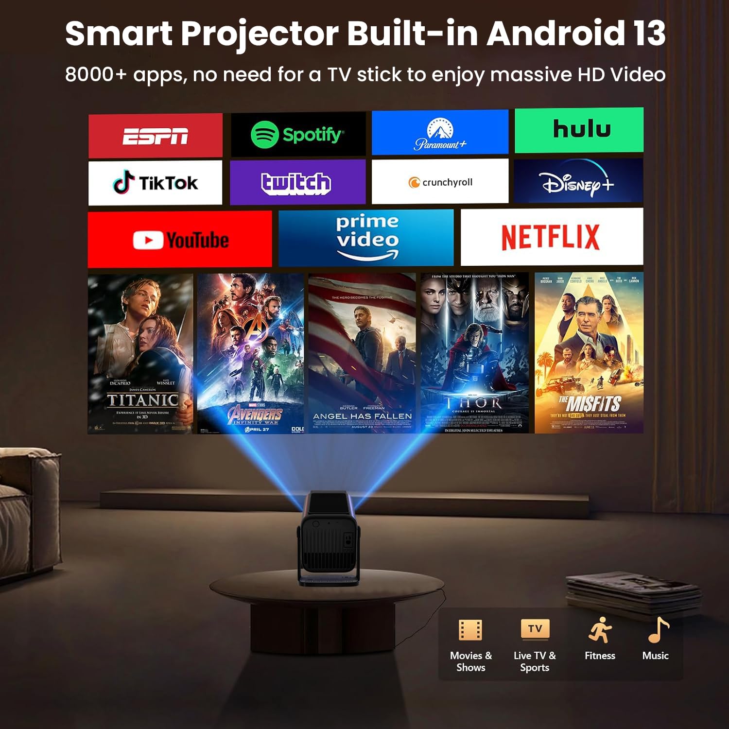 WZATCO Yuva Go Pro Fully Automatic Native 1080P Android 13.0 Smart Projector, Auto Focus, Auto 4D Keystone, 4X Brighter, 4K HDR Support, Rotatable Design, WiFi 6 & BT, Screen Mirroring, ARC, Black