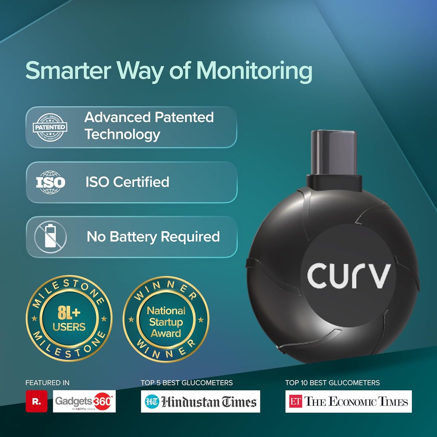 BeatO CURV Sugar Test Machine | FREE 25 Strips & 25 Lancets (Type-C USB Connector) | Simple & accurate testing of Blood sugar levels at home |Smartphone Connected Glucometer Machine | Android only | ISO Certified: Made in India