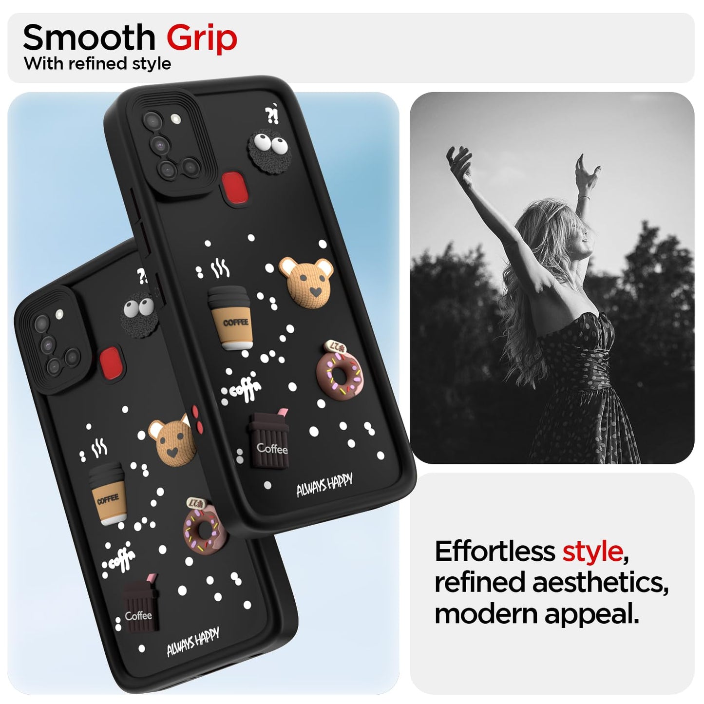 Amazon Basics Back Cover for Samsung Galaxy A21s | Cute Fun Cartoon 3D Bear Silicone Full Body Protection Bumper Cover (Black)