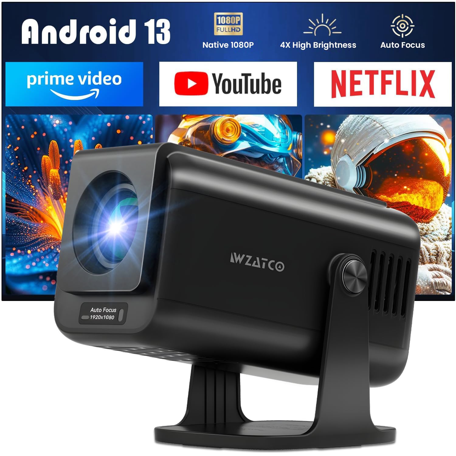 WZATCO Yuva Go Pro Fully Automatic Native 1080P Android 13.0 Smart Projector, Auto Focus, Auto 4D Keystone, 4X Brighter, 4K HDR Support, Rotatable Design, WiFi 6 & BT, Screen Mirroring, ARC, Black