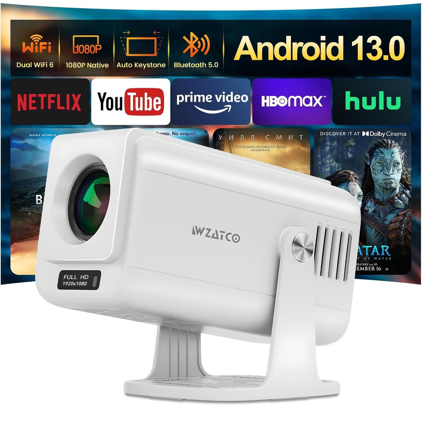 WZATCO Yuva Go Pro Fully Automatic Native 1080P Android 13.0 Smart Projector, Auto Focus, Auto 4D Keystone, 4X Brighter, 4K HDR Support, Rotatable Design, WiFi 6 & BT, Screen Mirroring, ARC, Black