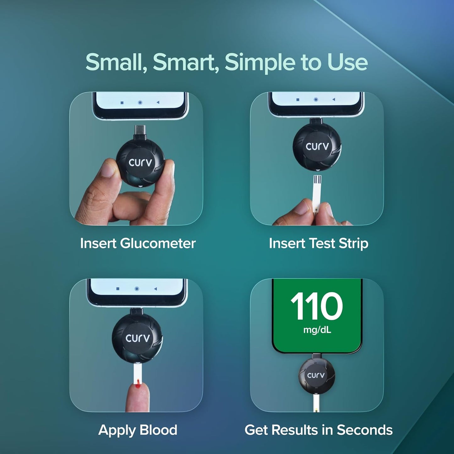 BeatO CURV Sugar Test Machine | FREE 25 Strips & 25 Lancets (Type-C USB Connector) | Simple & accurate testing of Blood sugar levels at home |Smartphone Connected Glucometer Machine | Android only | ISO Certified: Made in India