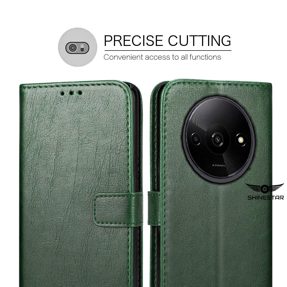 SHINESTAR Redmi A3 (2024) / Redmi A3x / Poco C61 Flip Back Cover | PU Leather Flip Cover Wallet Case with TPU Silicone Case Back Cover for Redmi A3 (2024) / Redmi A3x / Poco C61 - Unique Green