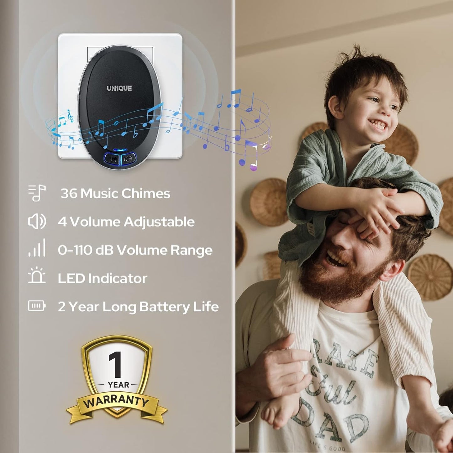 UN1QUE Wireless Door Bell for Home - Small Calling Bell for Office, 1000ft Long Range with 36 Chimes, 100dB Louder Volume, 4 Level Volume, LED Light, Info Board Design, IP44 Waterproof