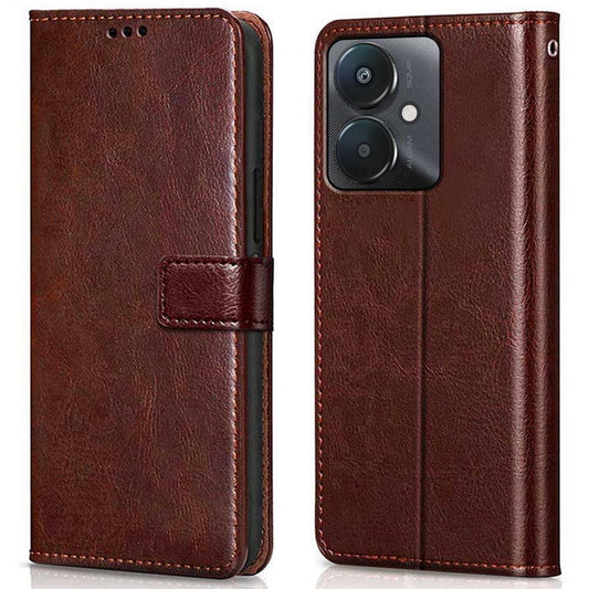 TOUCCH Flip case for Poco M6 5G| Leather Finish Cover & Flexible Stand Design | Card and Money Pocket | Brown