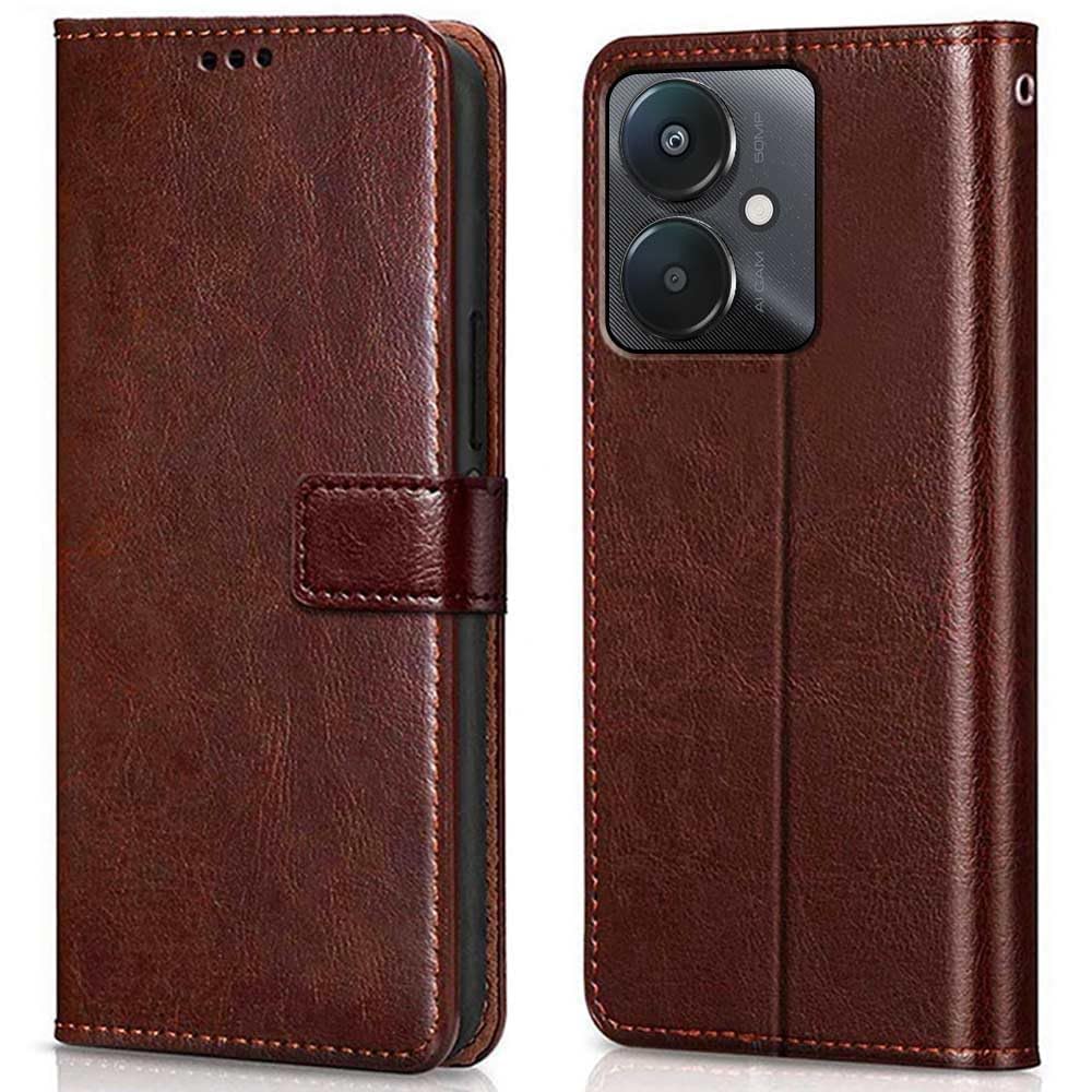 TOUCCH Flip case for Poco M6 5G| Leather Finish Cover & Flexible Stand Design | Card and Money Pocket | Brown