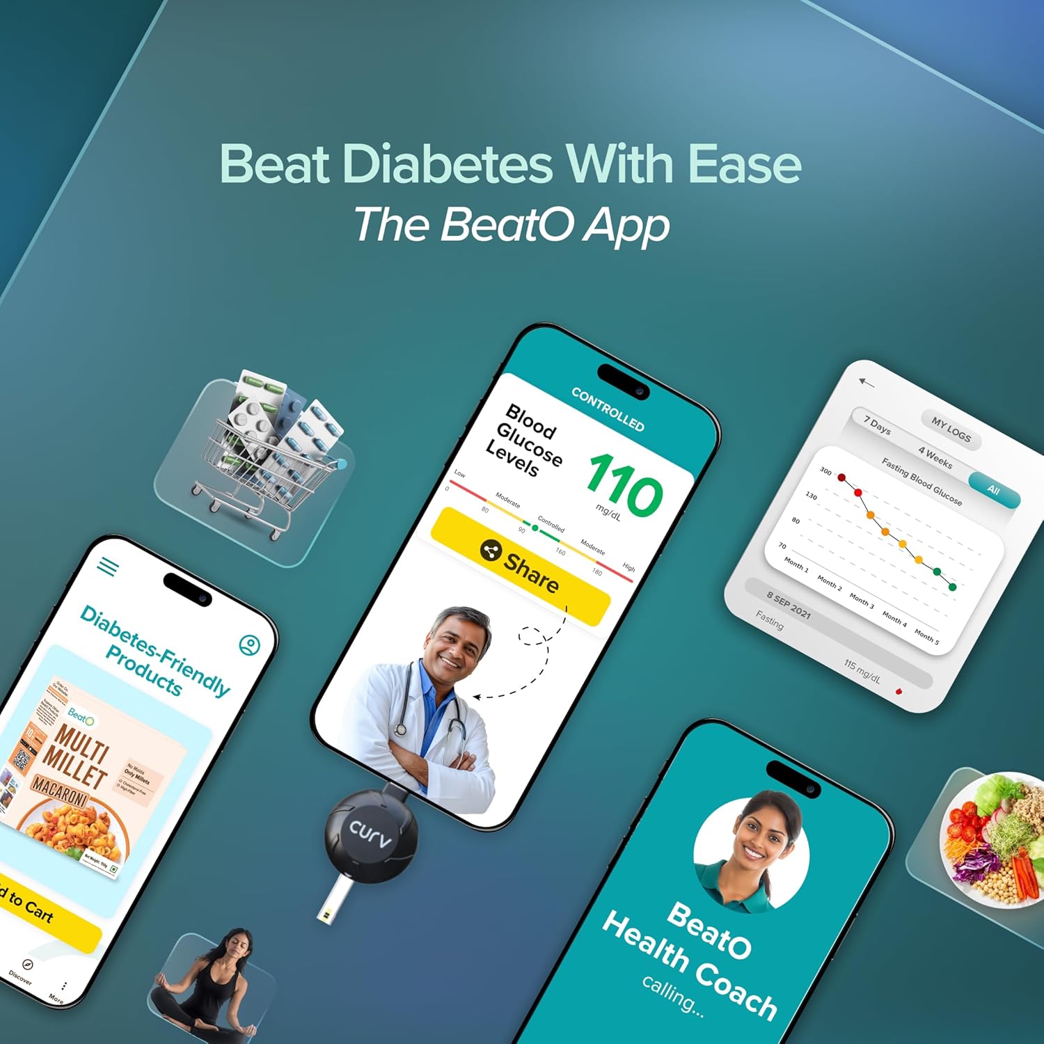 BeatO CURV Sugar Test Machine | FREE 25 Strips & 25 Lancets (Type-C USB Connector) | Simple & accurate testing of Blood sugar levels at home |Smartphone Connected Glucometer Machine | Android only | ISO Certified: Made in India
