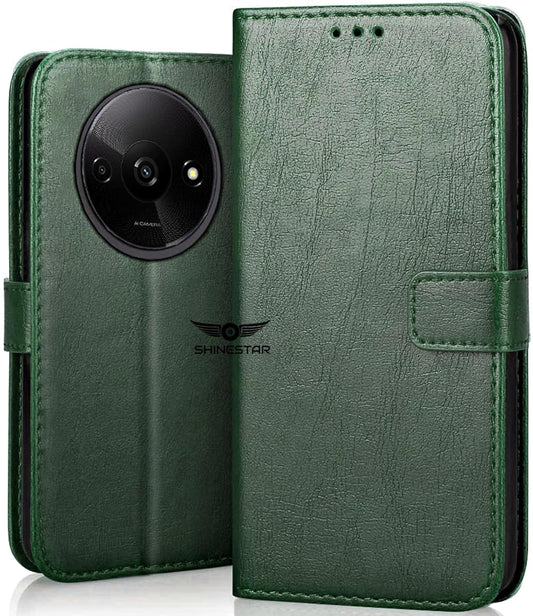SHINESTAR Redmi A3 (2024) / Redmi A3x / Poco C61 Flip Back Cover | PU Leather Flip Cover Wallet Case with TPU Silicone Case Back Cover for Redmi A3 (2024) / Redmi A3x / Poco C61 - Unique Green