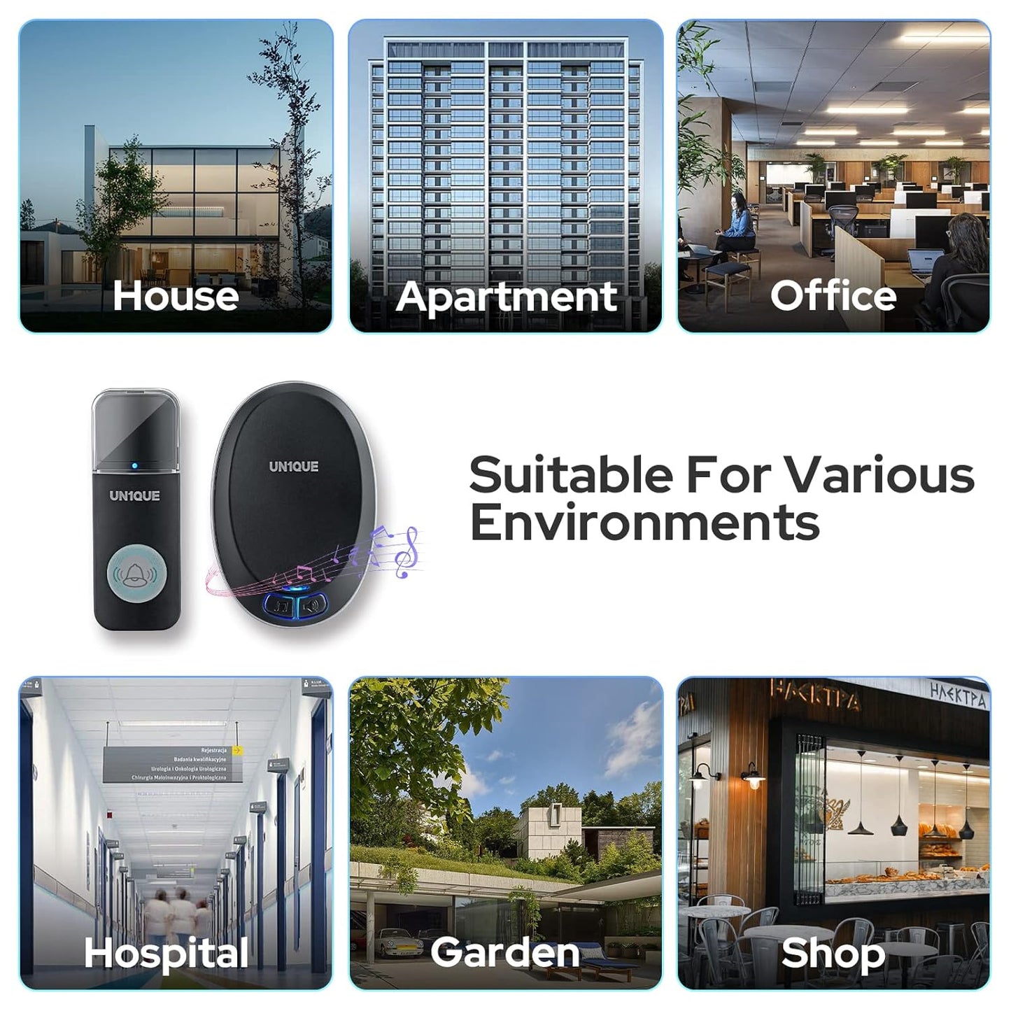 UN1QUE Wireless Door Bell for Home - Small Calling Bell for Office, 1000ft Long Range with 36 Chimes, 100dB Louder Volume, 4 Level Volume, LED Light, Info Board Design, IP44 Waterproof