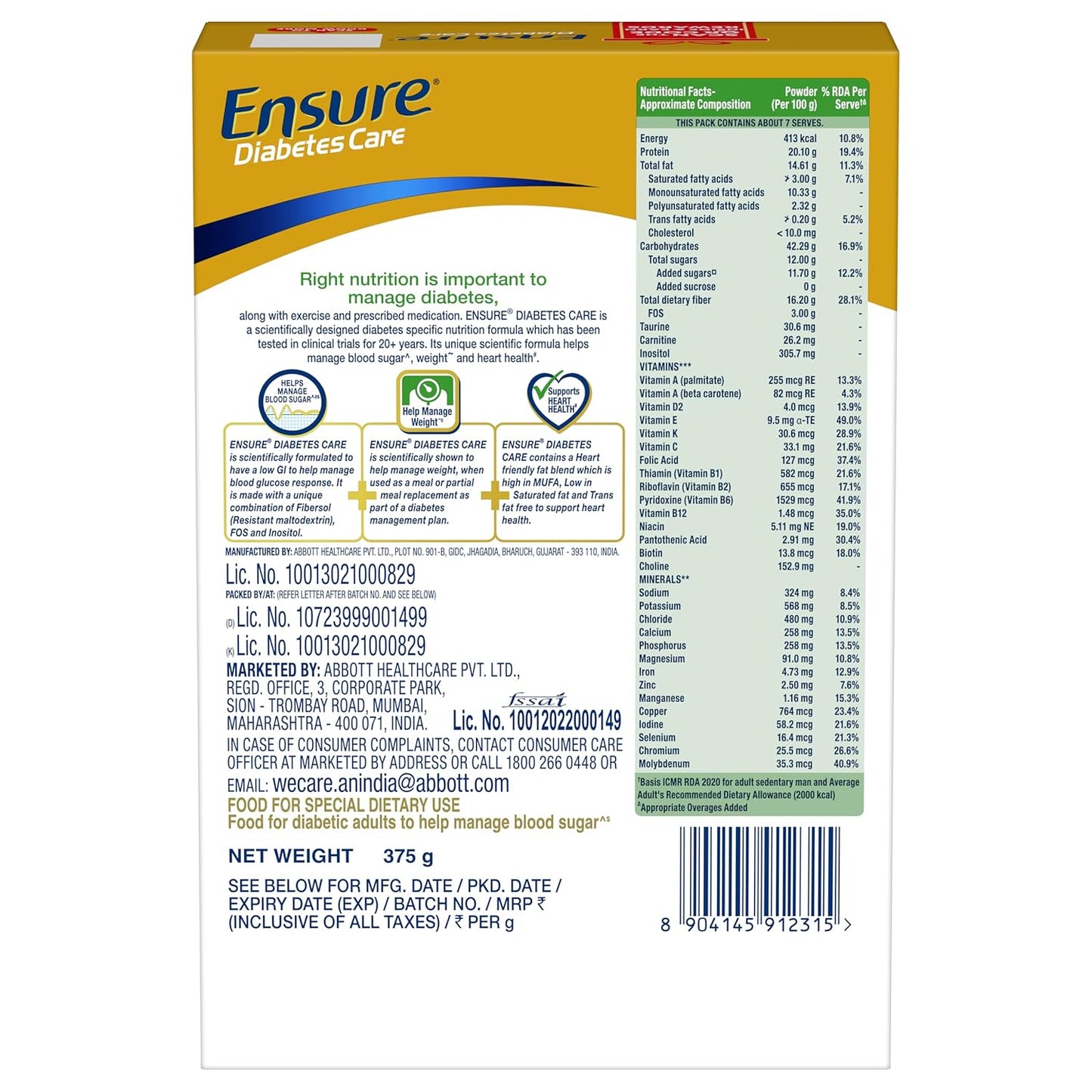 Ensure Diabetes Care Vanilla 375g Powder with High Fiber, Protein & 36 Nutrients | Helps Manage Blood Sugar Levels in 4 weeks