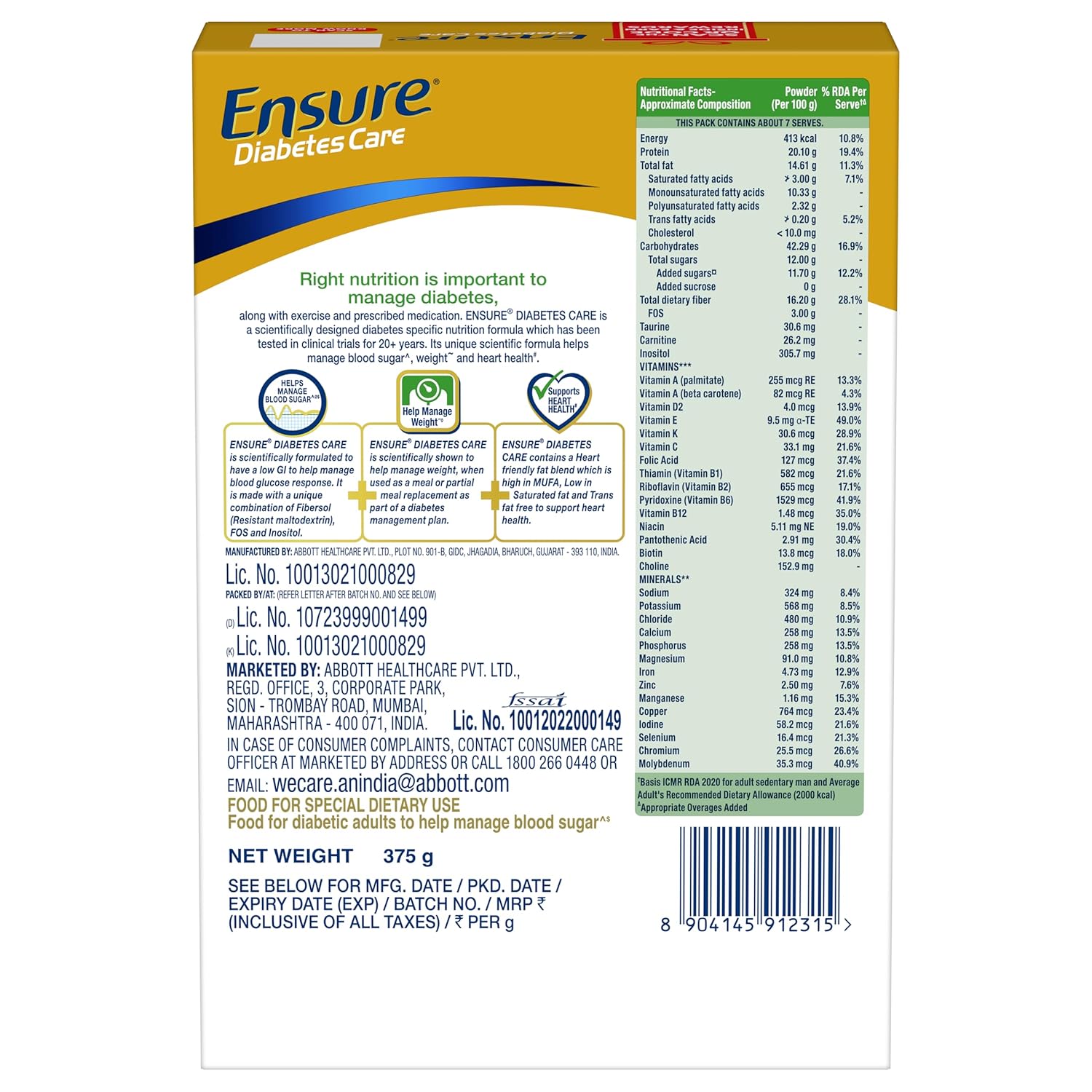 Ensure Diabetes Care Vanilla 375g Powder with High Fiber, Protein & 36 Nutrients | Helps Manage Blood Sugar Levels in 4 weeks