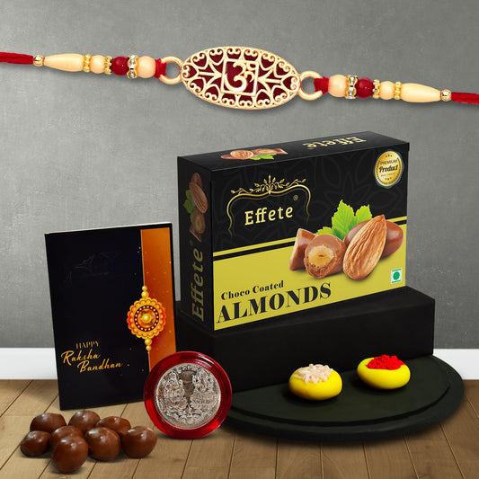 (K1_510_ca32) Multicolor Oval Flower Rakhi With Chocolate Almonds 32gm Silver Color Pooja Coin Roli Chawal  Greeting Card  Occasion Bracelets For Men Stylish Set Of 1 Rakhi